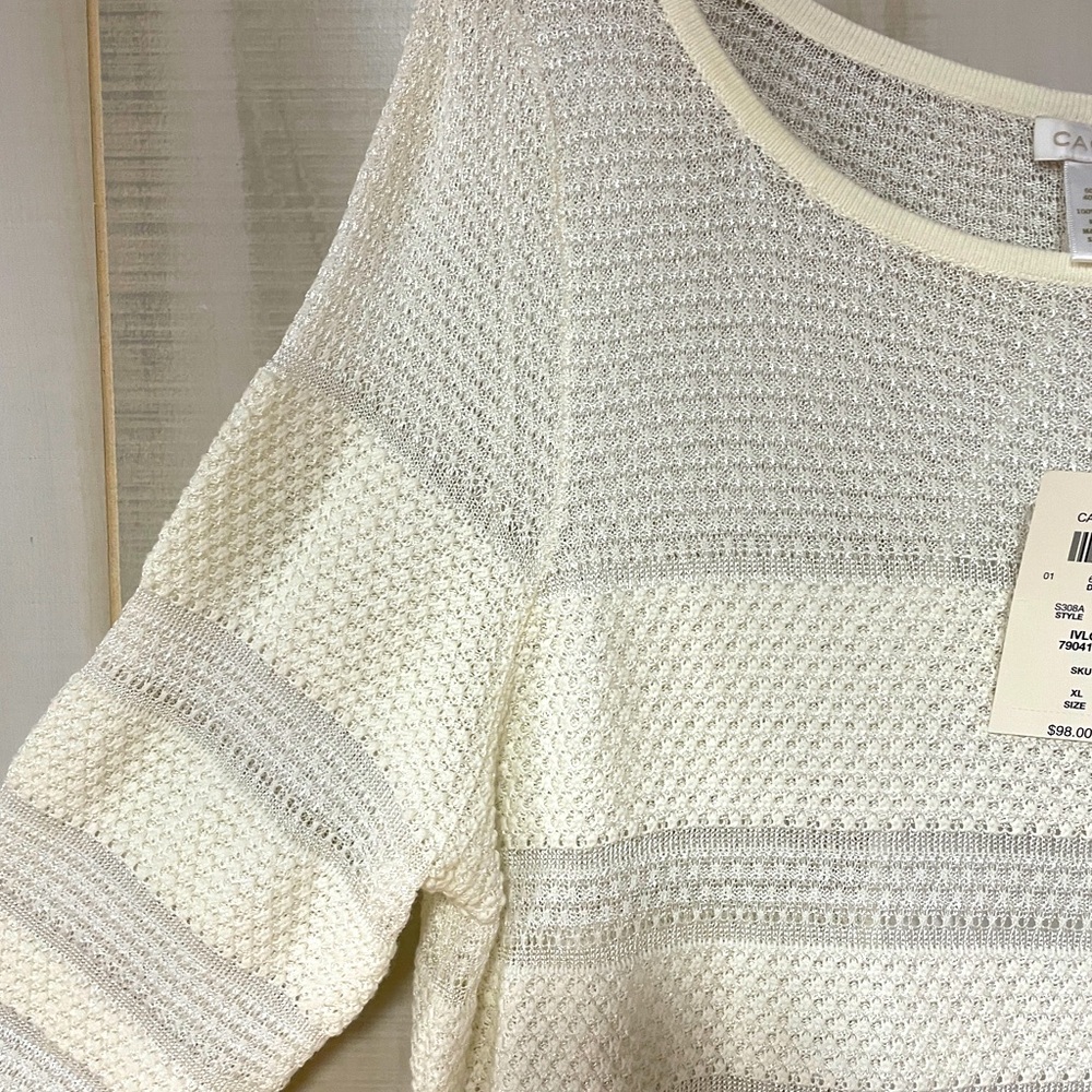 NWT Caché Ivory Open Knit Stripe Sheer Back Sweater Sz XL - Picture 6 of 6